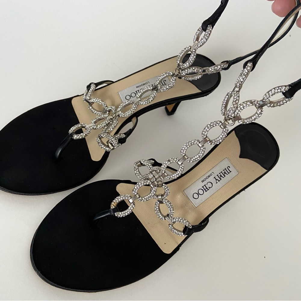 Jimmy Choo Crystal Embellished Thong Ankle Strap Heeled Sandals - Picture 5 of 15